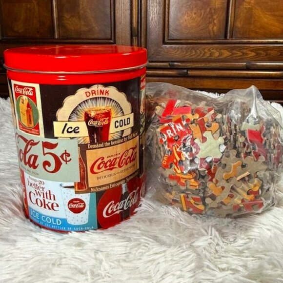 NWOT Vintage Signs Coca-Cola Cylinder Tin with Puzzle - Picture 1 of 12